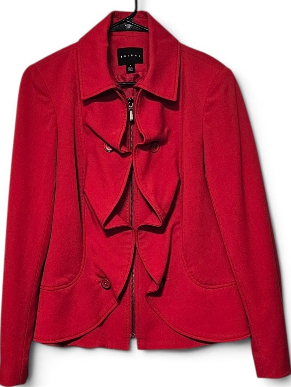 Tribal Ruffle Front Full Zip Jacket With Pockets Red Size 4